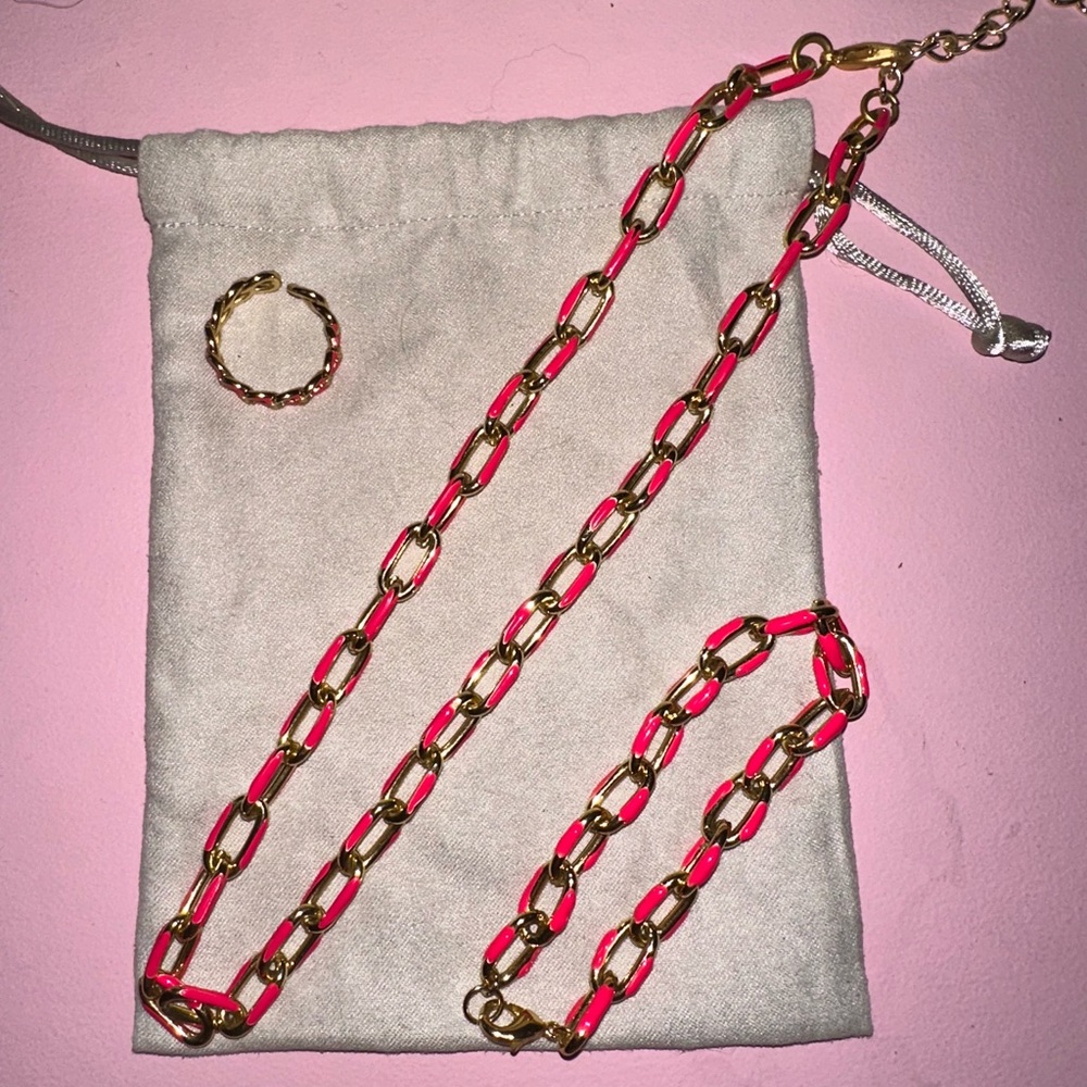 Gold & Hot Pink Chain Necklace, Ring and Bracelet Set - Women Jewelry